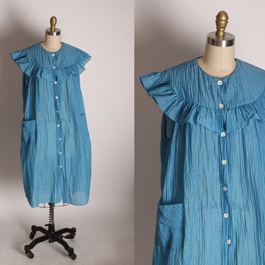 1950s Blue Ruffle Collar Cap Sleeve Button Up Pocketed Night Gown House Dress Robe -XL 