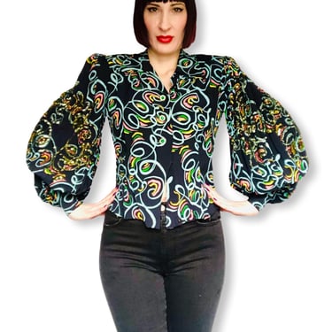 RARE Vintage 1940's Colorful Abstract Swirl Cold Rayon Balloon Sleeve Blouse - size Small Medium 