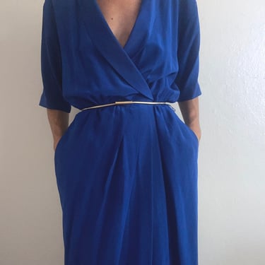 vintage royal blue silk wrap front dress size large 
