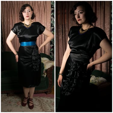 1940s Dress - Incredibly Glossy Black Rayon Charmeuse Satin Vintage 40s Cocktail Dress with Tiered Hip Drape 