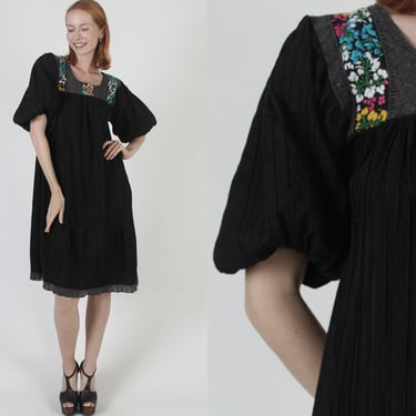 Womens Black Crochet Mexican Dress / Vintage Bright Floral Embroidery / Cotton Pintuck Tent Midi Fiesta Dress 