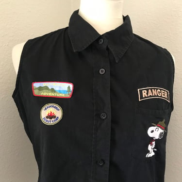 Vintage SNOOPY black sleeveless camping RANGER SCOUTS cotton button up collared shirt size large 