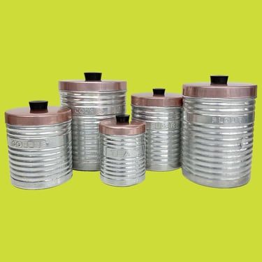 Vintage Nasco Canister Set Retro 1960s Mid Century Modern + Silver/Pink + Ribbed Metal + Cylinder Shape + Italy + Set of 5 + Kitchen Storage 