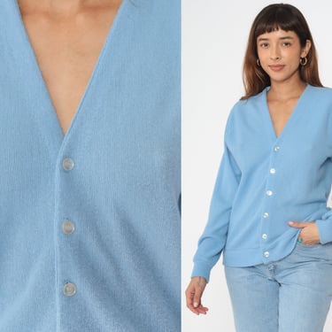 80s Blue Cardigan Soft Knit Button-Up V-Neck Grandpa Plain Slouchy Long Sleeve Ribbed Hem Vintage 1980s Cozy Sweater small 