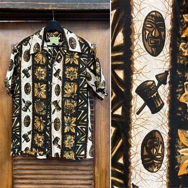 Vintage 1960’s “Ui-Maikai” Mod Atomic Tiki Mask Cotton Hawaiian Shirt, 60’s Tropical Print, Vintage Clothing 