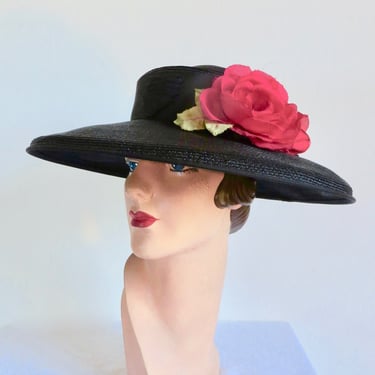 1950's Black Wide Brim Straw Hat Red Silk Roses Ribbon Trim Portrait Picture 50's Millinery Rockabilly Kentucky Derby Ascot Pasadena Hats 