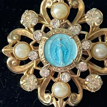 Our Lady Grace Vintage Brooch, Faux Pearls, Rhinestones, Blue Enamel Medal, Blessed Mother, BVM, Religious, Catholic 
