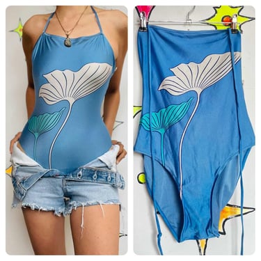 Vintage 70s Mermaid Blue Halter One-Piece Swimsuit Bodysuit Fairy Grunge – Small 