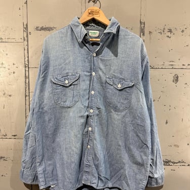 Vintage 1970s Chambray Cotton work Shirt  Distressed Faded Workwear Oshkosh B'Gosh Brand 