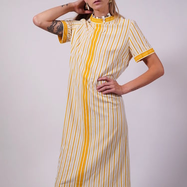 70s Shift Dress Mustard Yellow White Striped Mock Neck Tea Length 1970s Dress 
