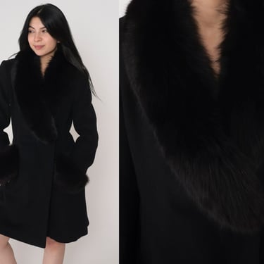 Black Faux Fur Trim Coat 90s Long Jacket Retro Boho Penny Lane Hippie Bohemian Simple Chic Classic Plain Cashmere Blend Vintage 1990s Small 