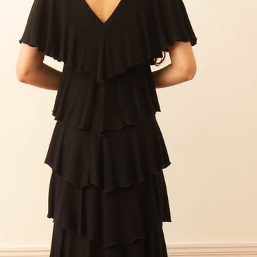 Early 1980s Holly's Harp Matte Jersey Tiered Cocktail Dress 