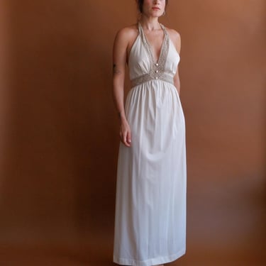 Vintage 70s Ivory Crochet Halter Dress/ 1970s Backless Off White Maxi Dress/ Size Small 