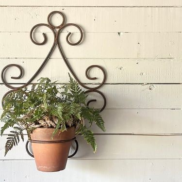 Rustic Vintage Iron Hanging Plant Rack with 5 inch Terracotta Pot | Scrolly Wall Hung Iron Plant Rack | Cast Iron Wrought Iron Plant Holder 
