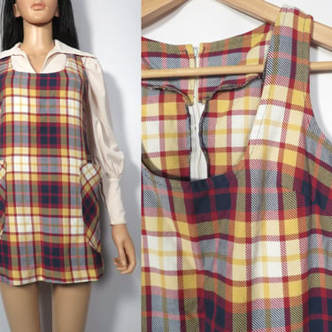 Vintage 60s/70s Cotton Plaid Fall School Girl Mini Dress Jumper Dress With Pockets Size S/XS 