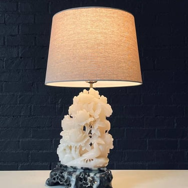 Vintage Italian Neoclassical Carved Alabaster Table Lamp w/ Floral & Bird Motif 