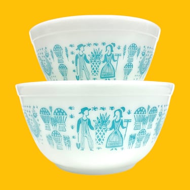 Vintage Pyrex Mixing Bowls Retro 1950s Mid Century Modern + Amish Butterprint (Turquoise on White) 401/402 + Ceramic + Set of 2 + Kitchen 