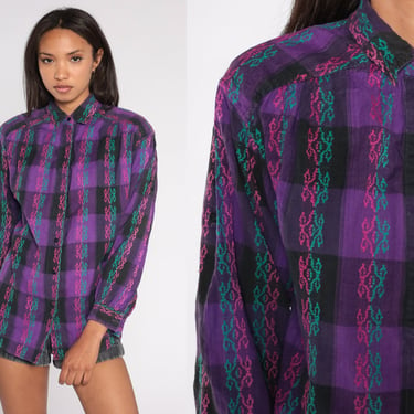 Geometric Checkered Shirt 90s Buffalo Plaid Button Up Blouse Purple Black Pink Green Collared Top Long Sleeve Vintage 1990s Cotton Large L 