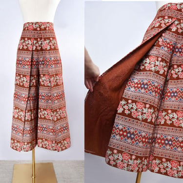 Wrap Floral Pants, Palazzo Brown Dress, 1970's, Boho, Midi Skirt, Small, 80's, India Capris Pants 