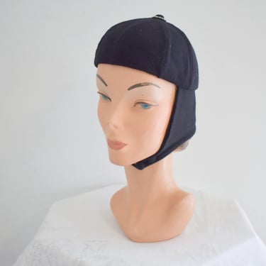 1940s Black Wool Knit Hat with Chin Strap and Rhinestone Accents 