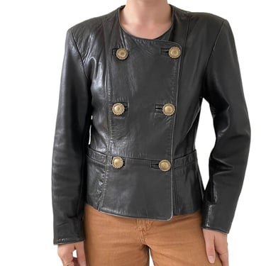 Vintage 80s Womens Lambskin Black Double Breasted Retro Biker Blazer Jacket Sz M 