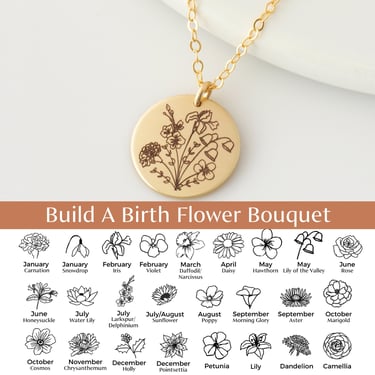 Mother's Day Gift For Mom, Combined Birth Flower Bouquet Necklace, Postpartum Gift, Birth Flower Necklace for Mom, Mother's Day Necklace 