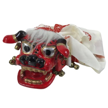 Japanese Hariko Paper Mache Shishi Dancing Lion Dog Mask Vtg Komainu Red OM88