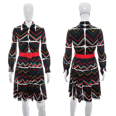 1960's Claret Black and Multicolor Chevron Print Dress Size S