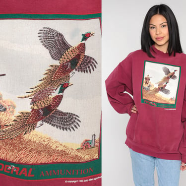 Pheasant Hunting Sweatshirt 90s Federal Ammunition Sweatshirt Bird Hunter Graphic Shirt Red Pullover Crewneck Sweater Vintage 1990s Mens XL 
