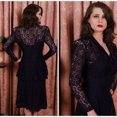 1930s Dress Set - Rare Late 30s Navy Blue Lace Set with Velvet Trim, Made up of Jacket, Skirt and Silk Slip 
