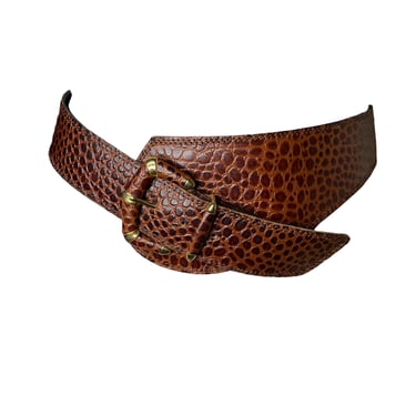 Vintage Avignon Brown Croc Embossed Leather Wide Thick Belt, 32-34 