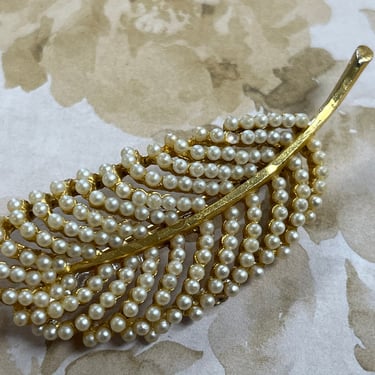 vintage pearl leaf pin gold figural feather brooch 