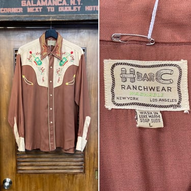 Vintage 1950’s Size L “H Bar C” Guitar Music Note Western Cowboy Rayon Gabardine Rockabilly Shirt, 50’s Vintage Clothing 
