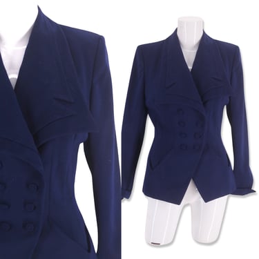 40s navy gabardine suit jacket, vintage WWII era tailored blazer, Newbury label, 6 buttons wide lapels womens 