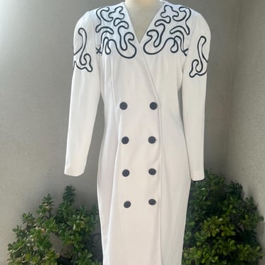 Vintage Preppy Leslie Fay knit white midi shirt dress black trim sz 12 polyester 