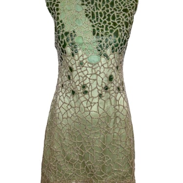 Lorena Sarbu Green Leather and Silk Beaded Mini Dress