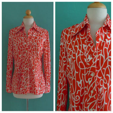 vintage 60's red tulip print blouse // red floral print top 