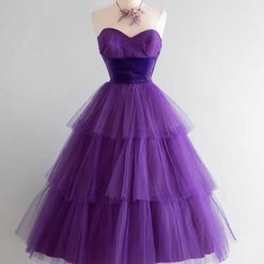 Spectacular 1950's Purple Velvet & Tulle Prom Dress / Small