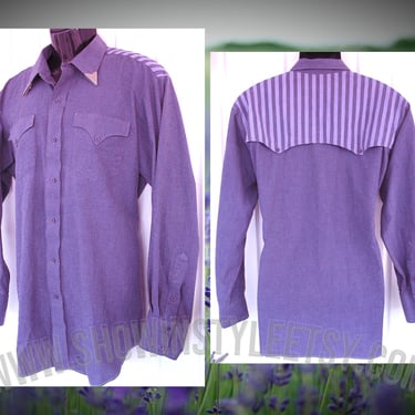 H Bar C Vintage Western Men's Cowboy & Rodeo Shirt, Medium Purple with Purple Striped Cape, 17-35, Approx. XLarge (see meas. photo) 