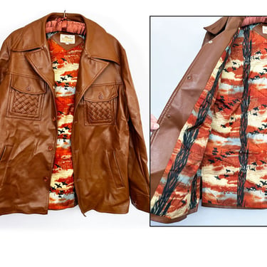 1970's Men's Jacket Coat Brown Vinyl Leather Vintage Hippie Disco, Fight Club style, Faux Leather Short Coat, Tan Leather Jacket 