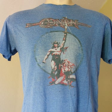 Vintage Conan the Barbarian T shirt 1982 movie starring Arnold Schwarzenegger baby blue tee size medium 