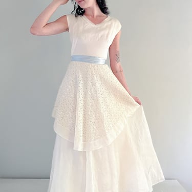 Gorgeous 1940's &quot;Something Blue&quot; Ivory Organdy Lace Wedding Dress/ Sz XS