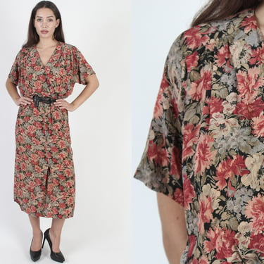 Muted Rose Floral Pockets Dress / Vintage 80s Deep V Wrap Frock, Womens 1980's Simple Pockets Office Maxi Dress 