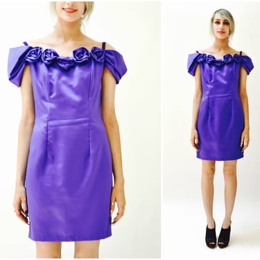 80s 90s Vintage Prom Dress Size small blue purple dress body con // Vintage 80s Party Dress off the shoulder Dress 