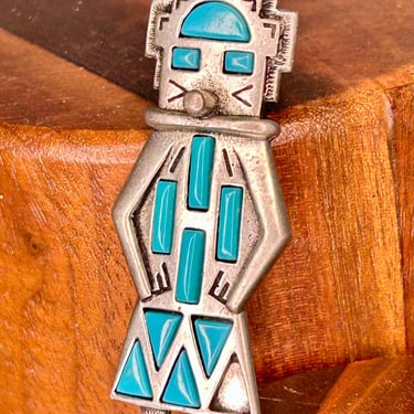 Vintage Kachina Brooch Silver tone Metal And Plastic Turquoise Stones J Ritter AS IS 