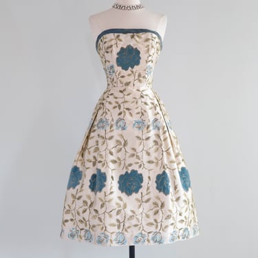 Stunning 1950's Embroidered Rose Strapless Party Dress / Small