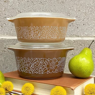 Vintage Pyrex Casseroles Retro 1970s Bohemian + Woodland Pattern + Set of 2 + Brown Ceramic + 472B and 473B + With Lids + Boho Cookware 