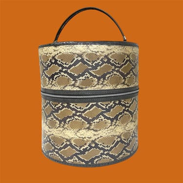 Vintage Hat Box Retro 1960s AS IS + Mid Century Modern + Faux Snake Skin Vinyl + Hat Storage + Train Case + Cylinder Shape + MCM Luggage 