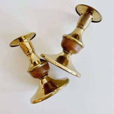 Pair of Brass + Wood Candle Holders