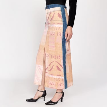 Medium 90s Y2K Feedsack Print Denim Maxi Skirt | Vintage Grunge Long Blue Jean Stretch Skirt 